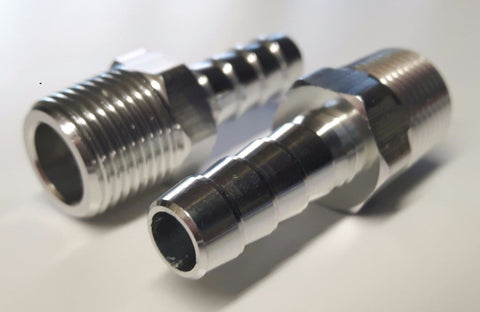 2x Aluminium 3/8" NPT tapered male straight fuel filter connectors with 3/8" (9mm) ID hose barb