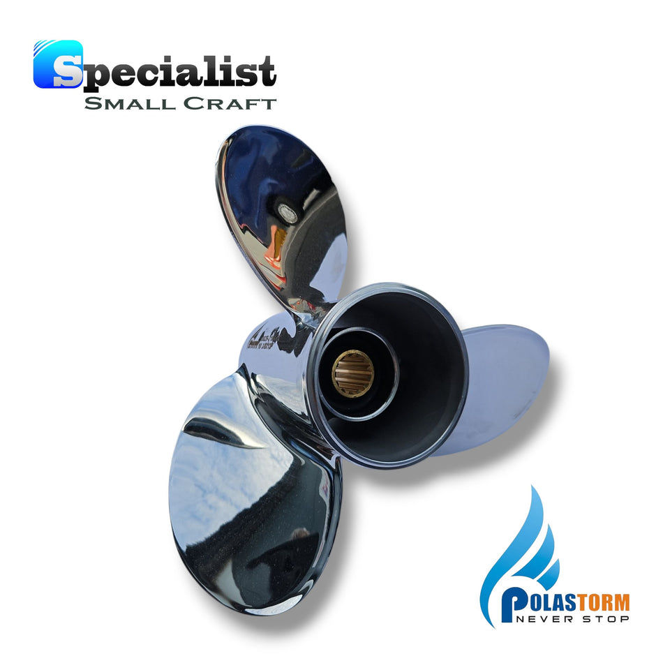 10 7/8" x 11" High Rake Polished Stainless PolaStorm Propeller - Yamaha Honda Selva 30-60hp