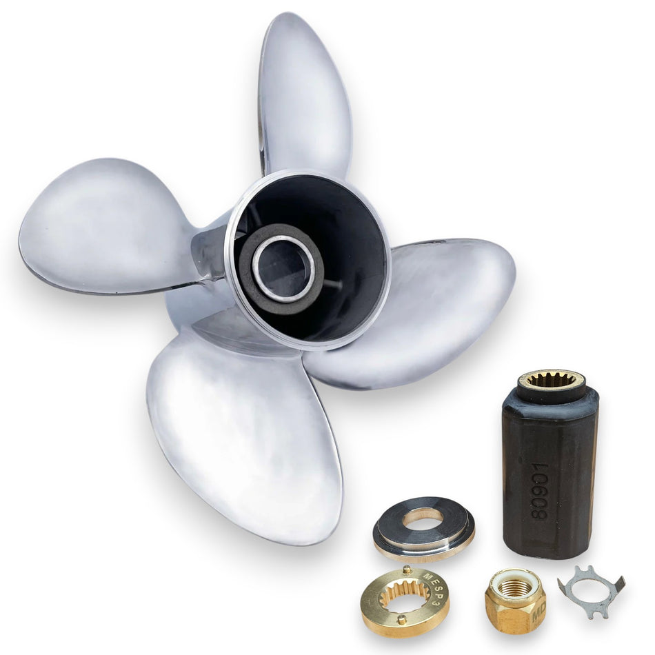 Mercury Mariner 40-125hp TorqueMaster VX Series Polished Stainless 4-Blade RH Rotation Propellers with Hub Kits