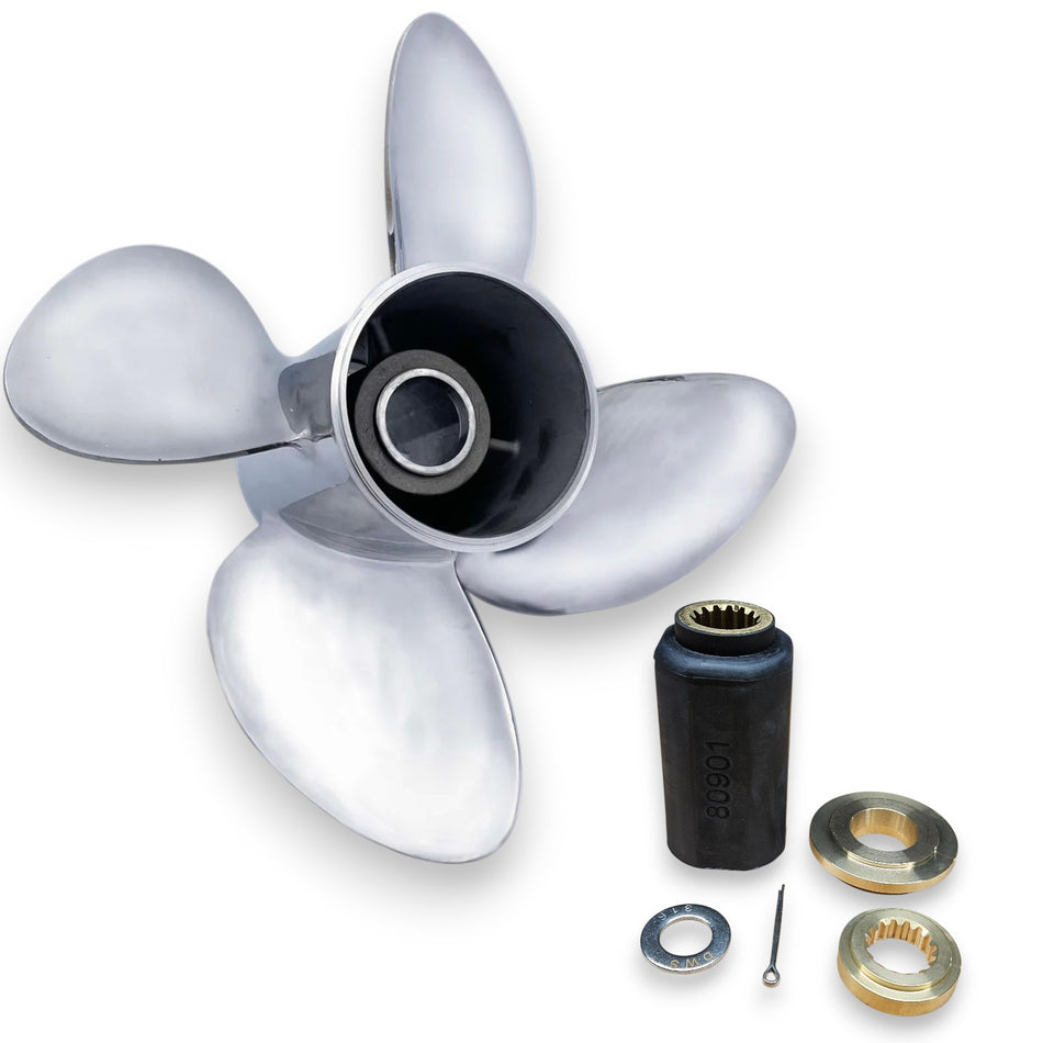 Yamaha & Selva 80-140hp TorqueMaster VX Series Polished Stainless 4-Blade RH Rotation Propellers with Hub Kits