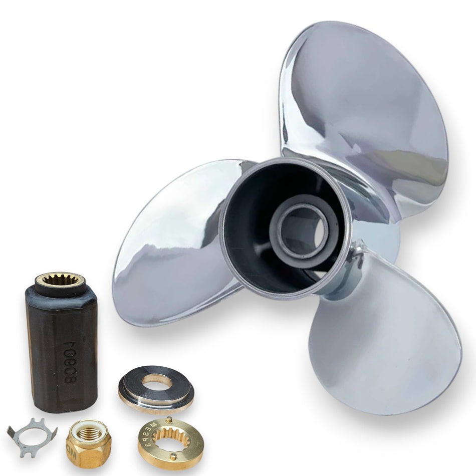Mercury Mariner 40-125hp Stella VX Series Polished Stainless 3-Blade RH Rotation Propellers with Hub Kits