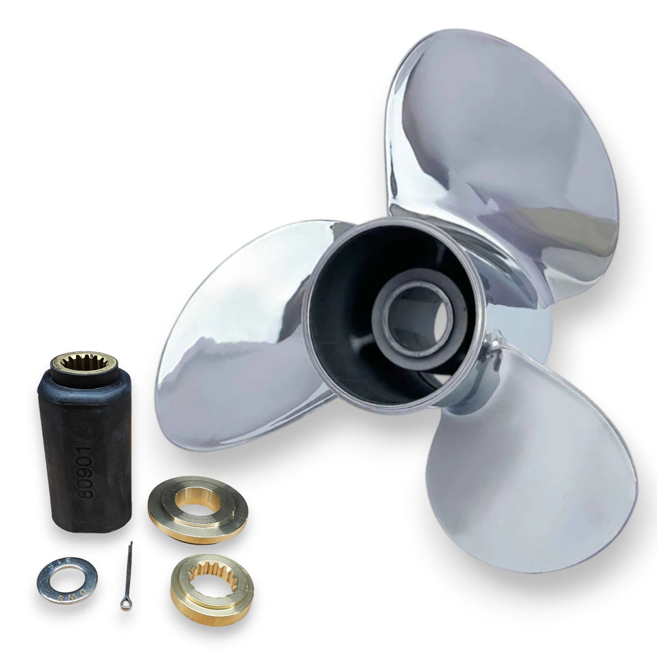 Suzuki DF70A, DF80A, DF90A, DF100B Stella VX Series Polished Stainless 3-Blade RH Rotation Propellers with Hub Kits