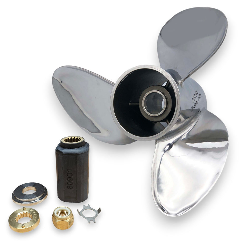 90-300hp Mercury, Mariner, MerCruiser Saltist Series Polished Stainless LH Rotation 3-Blade Propellers