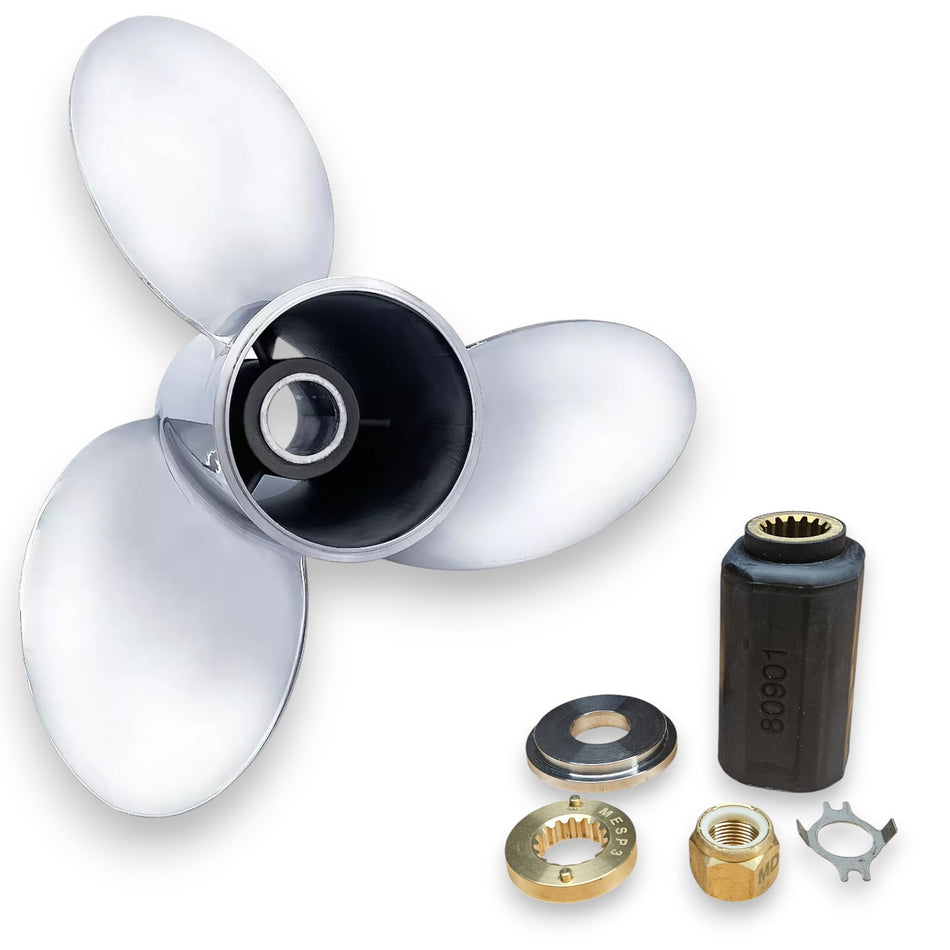 Mercury, Mariner & MerCruiser 90-300hp Saltist Series Polished Stainless 3-Blade RH Rotation Propellers with Hub Kits