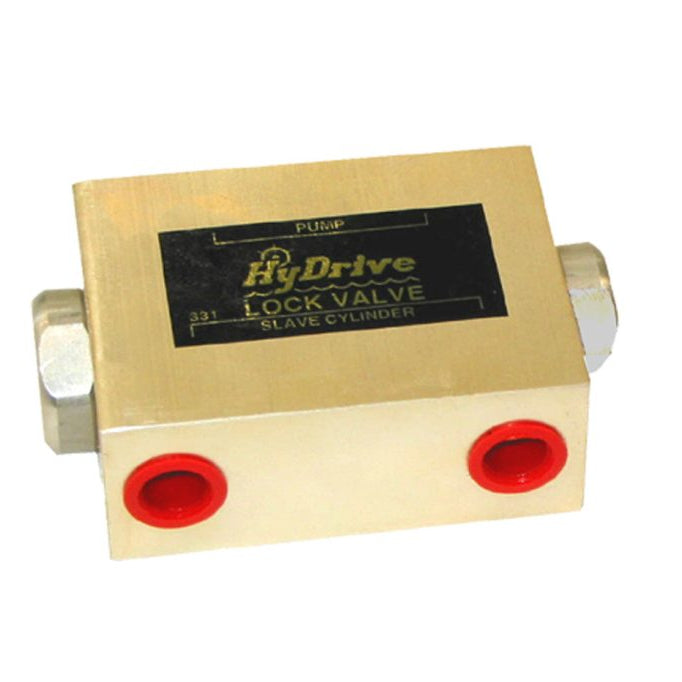A brass HyDrive lock valve slave cylinder with a black label and red ports, shown on a white background.