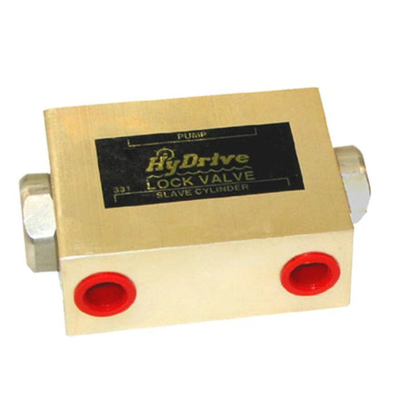 A brass HyDrive lock valve slave cylinder with a black label and red ports, shown on a white background.
