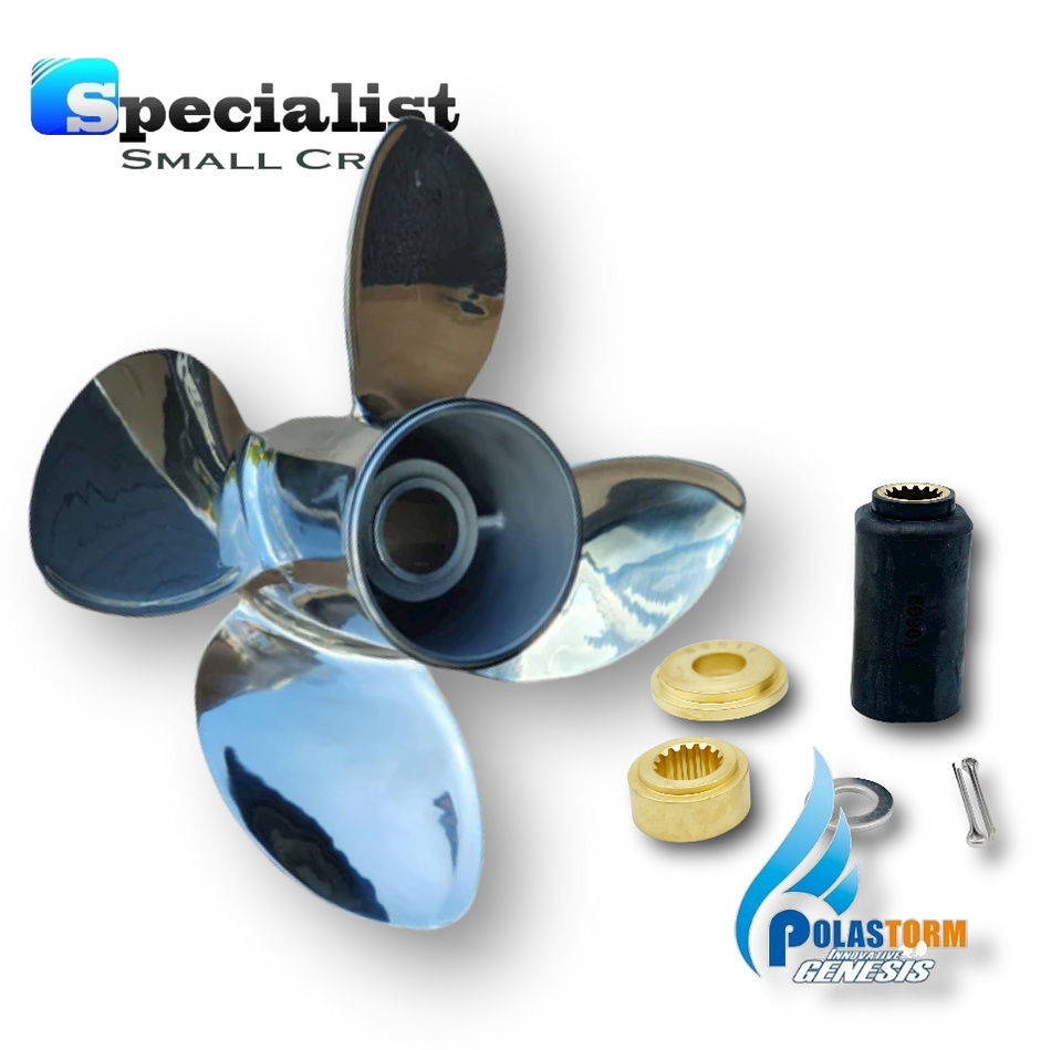 13 1/4" x 15" 4-Blade Polished Stainless PolaStorm Propeller + PolaFlex Hub Bush Kit: Honda BF60-130 (4 1/4" Gearacse)