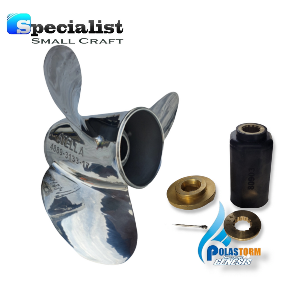 13 1/2" x 15" Polished Stainless PolaStorm Propeller with 13 tooth PolaFlex Hub Bush Kit to suit Suzuki & Johnson 60 to 140hp Outboards
