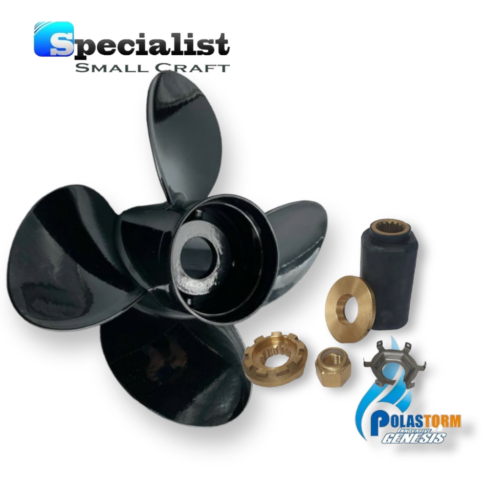 13.8" x 11" PolaStorm 4-blade Aluminium Propeller with PolaFlex Hub Bush Kit: Mercury & Mariner 40 Bigfoot - 125hp Outboards