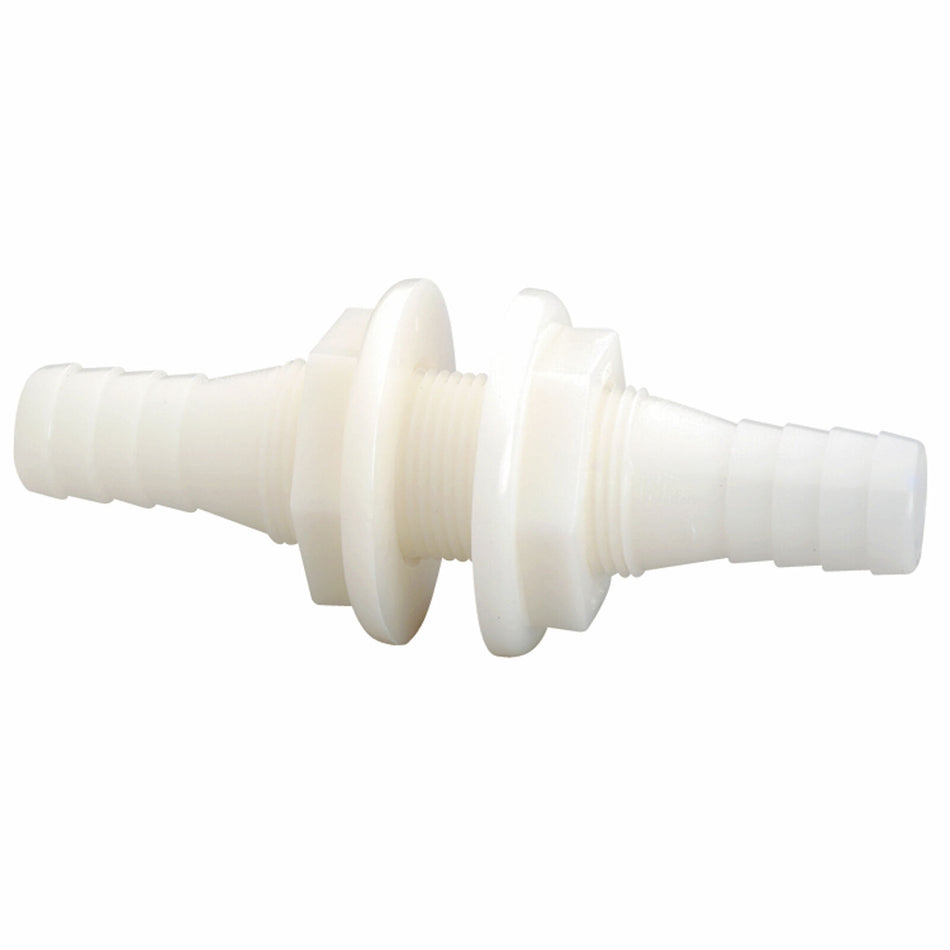 Extended Thread Double Ended Through Bulkhead fitting with 3/4" / 19mm hose barbs