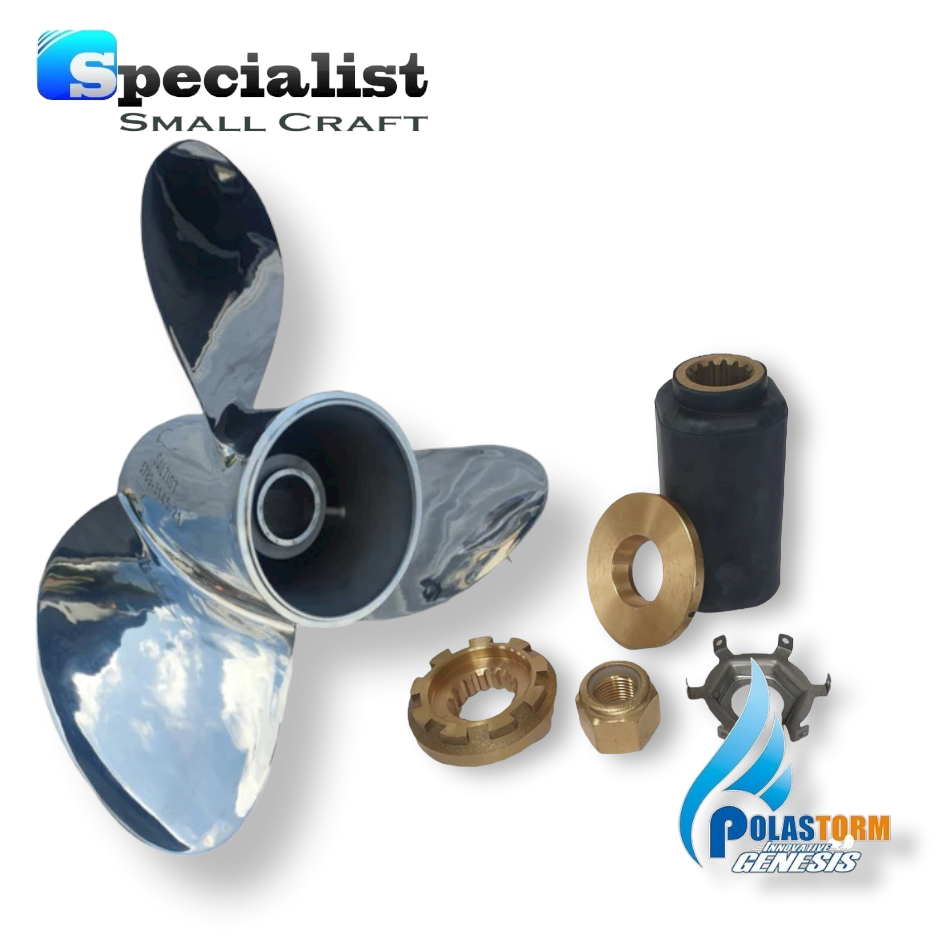 13 1/2" x 15" Polished Stainless PolaStorm Propeller with PolaFlex Hub Bush Kit to suit Mercury Mariner 40 BF -125hp Outboards