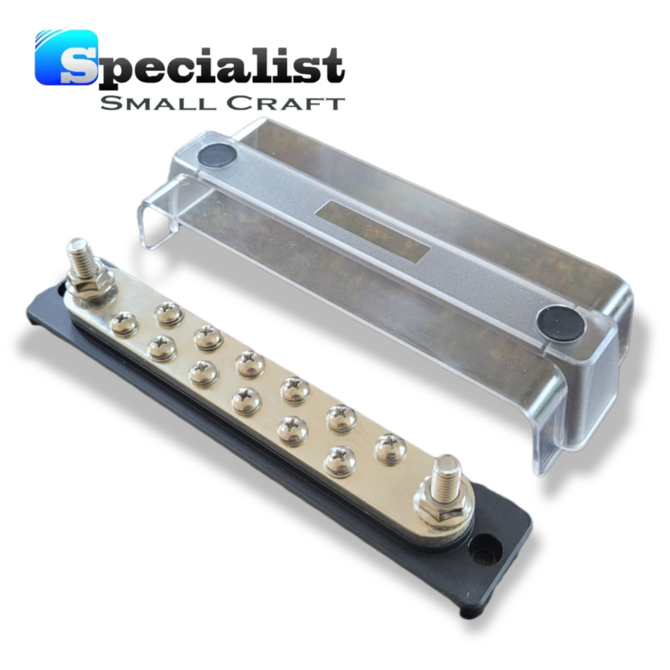 Large Marine 200A Open Bus Bar with Cover (2x 8mm & 12x 5mm terminals)