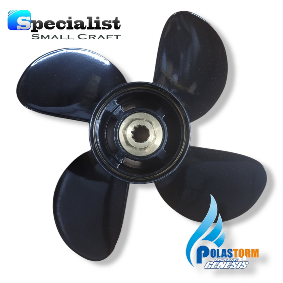 10.1" x 13" 4-Blade Aluminium/Titanium PolaStorm propeller to suit Mercury Mariner 9.9-25hp outboards